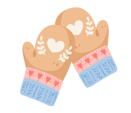 Two brown, pink and blue mittens with hearts. 