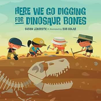 Four children digging in the dirt with dinosaur bones below
