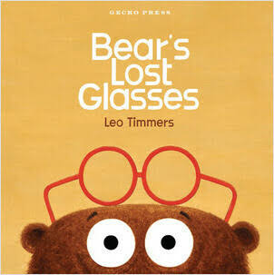 Illustration of a bear with red glasses on top of his head