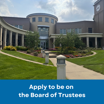 Outside of the Kent Free Library. Text that reads 'Apply to be on the Board of Trustees'