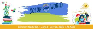 Colorful clip art of books and flowers with Color Our World Logo 