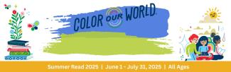 Colorful clip art of books and flowers with Color Our World Logo 