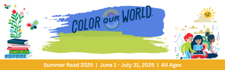 Colorful clip art of books, kids, flowers with Color Our World logo